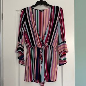 Express Women's size small striped shorts romper with flutter sleeves.